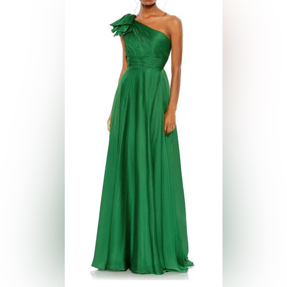 Chiffon Pleated Asymmetrical Neck Shoulder Ruffle Cap Sleeve Gown